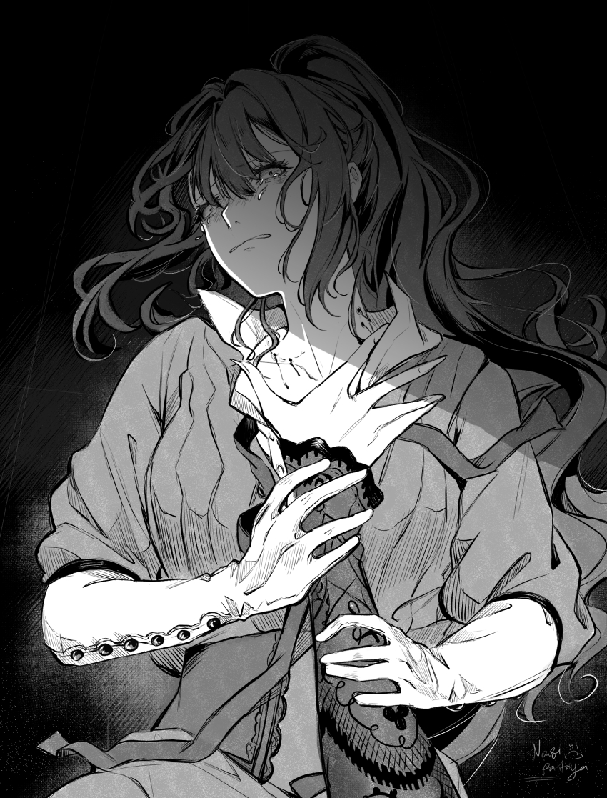 2girls, absurdres, artist_name, bite_mark, bite_mark_on_neck, black_background, blood, blood_on_neck