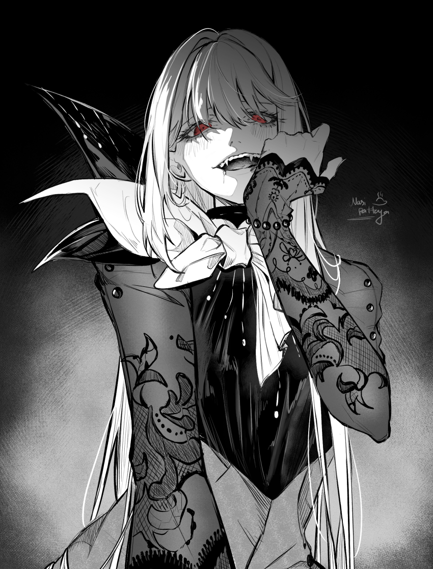 :d, absurdres, artist_name, black_background, blood, blood_from_mouth, fang, greyscale, hand_on_own_face, highres, long_hair, long_sleeves, looking_at_viewer, monochrome, nasipattaya, neckerchief, open_mouth, red_eyes, reverse:1999, semmelweis_(reverse:1999), shirt, signature, sleeves_past_wrists, smile, spot_color, teeth, upper_body, upper_teeth_only, vampire, very_long_hair