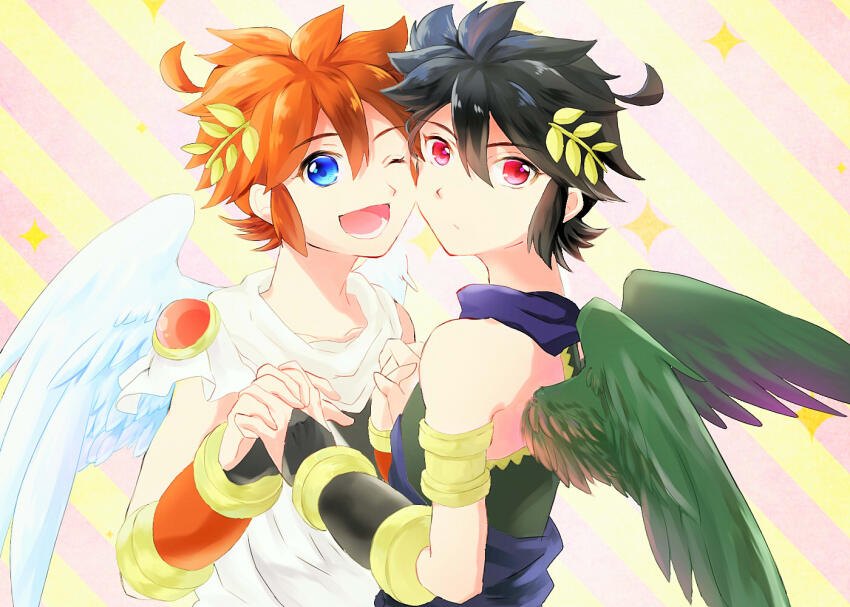 2boys, ;d, ahoge, angel, angel_wings, armlet, black_hair, blue_eyes
