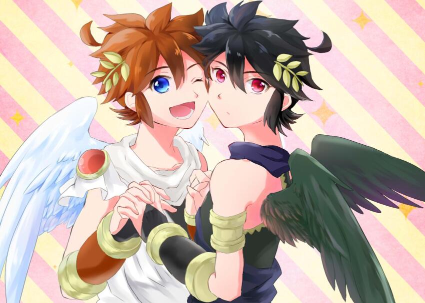 2boys, ;d, ahoge, angel, angel_wings, armlet, black_hair, blue_eyes, blue_scarf, bracer, brown_hair, commentary_request, dark_pit, diagonal-striped_background, expressionless, feathered_wings, gold_armlet, green_wings, hair_between_eyes, holding_hands, jewelry, kid_icarus, kid_icarus_uprising, laurel_crown, looking_at_viewer, lower_teeth_only, male_focus, multiple_boys, nari_(naridao0814), nintendo, one_eye_closed, open_mouth, pit_(kid_icarus), red_eyes, scarf, short_hair, sidelocks, smile, sparkle_background, striped_background, teeth, undershirt, white_scarf, white_wings, wings