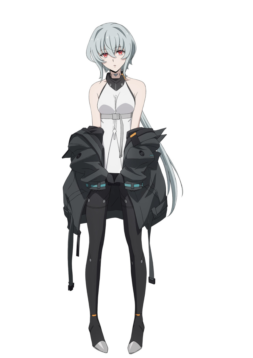 1girl, belt, bob_cut, bodysuit, boots, full_body, grey_hair, high_heel_boots, high_heels, highres, jacket, katsura_ken'ichirou, long_hair, low_ponytail, magus_(synduality), mechanical_collar, miniskirt, multiple_views, noir_(synduality), off_shoulder, official_art, pigeon-toed, ponytail, red_eyes, reference_sheet, shirt, skirt, sleeveless, sleeveless_bodysuit, sleeveless_shirt, standing, synduality, synduality_noir