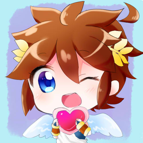 1boy, ;d, ahoge, angel, angel_wings, blue_background, brown_hair, chibi