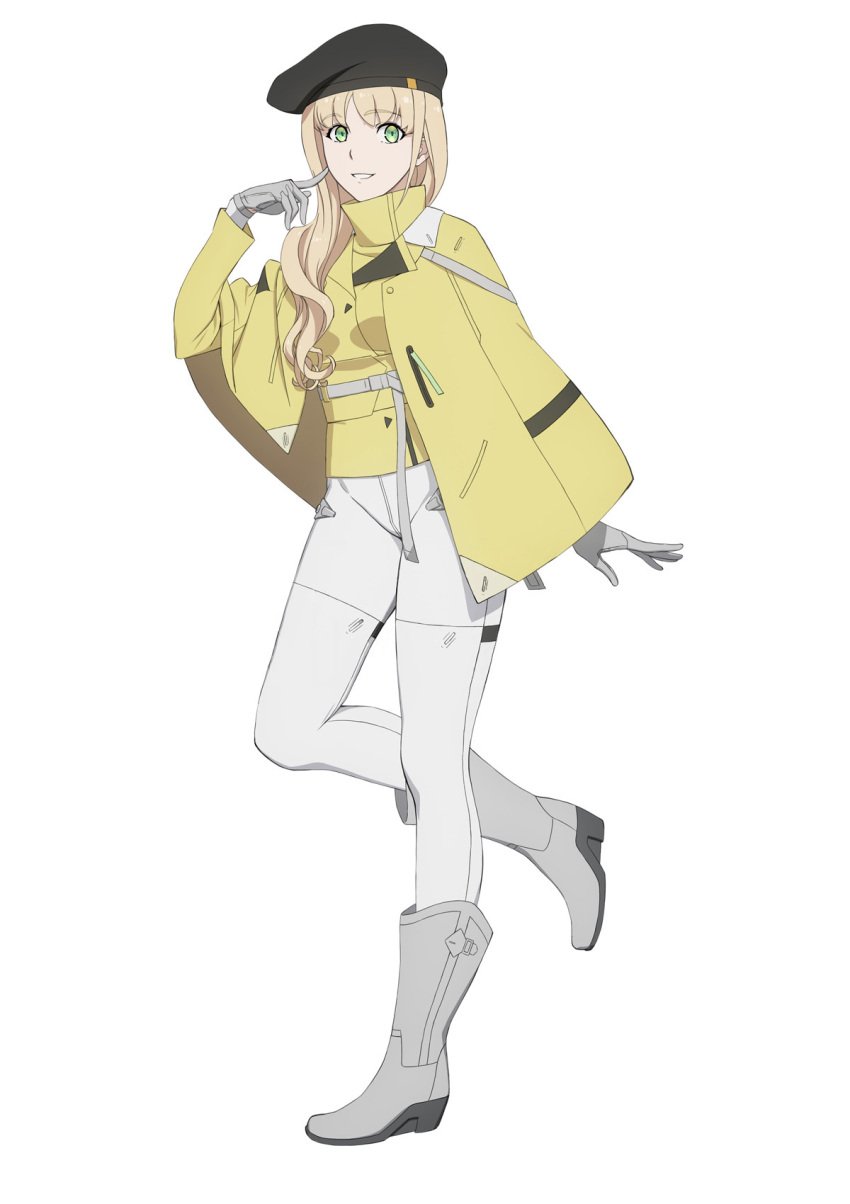 1girl, belt, beret, blonde_hair, bodysuit, boots, cape, ciel_(synduality)