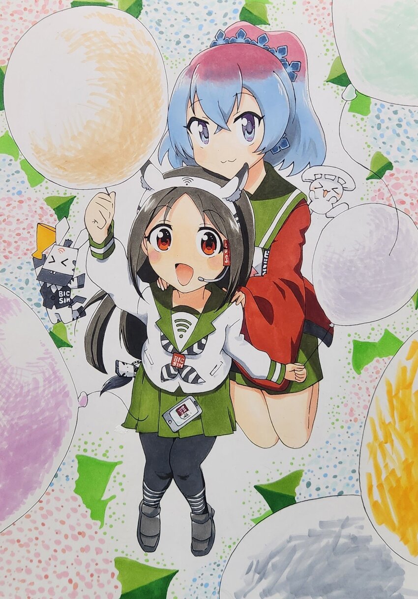 2girls, bicsim-tan, black_hair, green_skirt, happi, highres, japanese_clothes, multiple_girls, sagami-tan, skirt