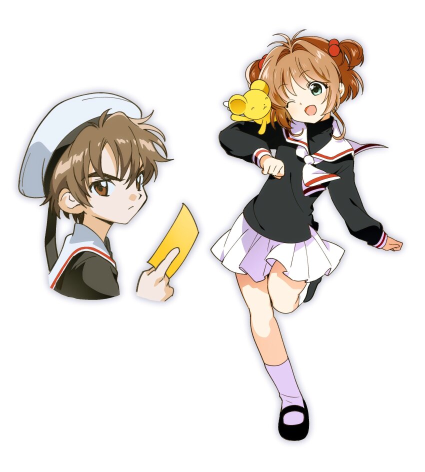 1boy, 1girl, absurdres, antenna_hair, arm_up, black_sailor_collar, black_shoes, brown_eyes
