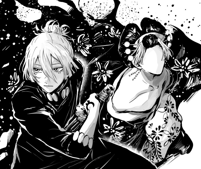 1boy, 21g_yaseru, facial_mark, familiar, hair_knot, hand_tattoo, highres, hiruhiko_(kagurabachi), holding, holding_sword, holding_weapon, kagurabachi, katana, monochrome, oiran, sheath, shikigami, sword, tattoo, unsheathing, weapon