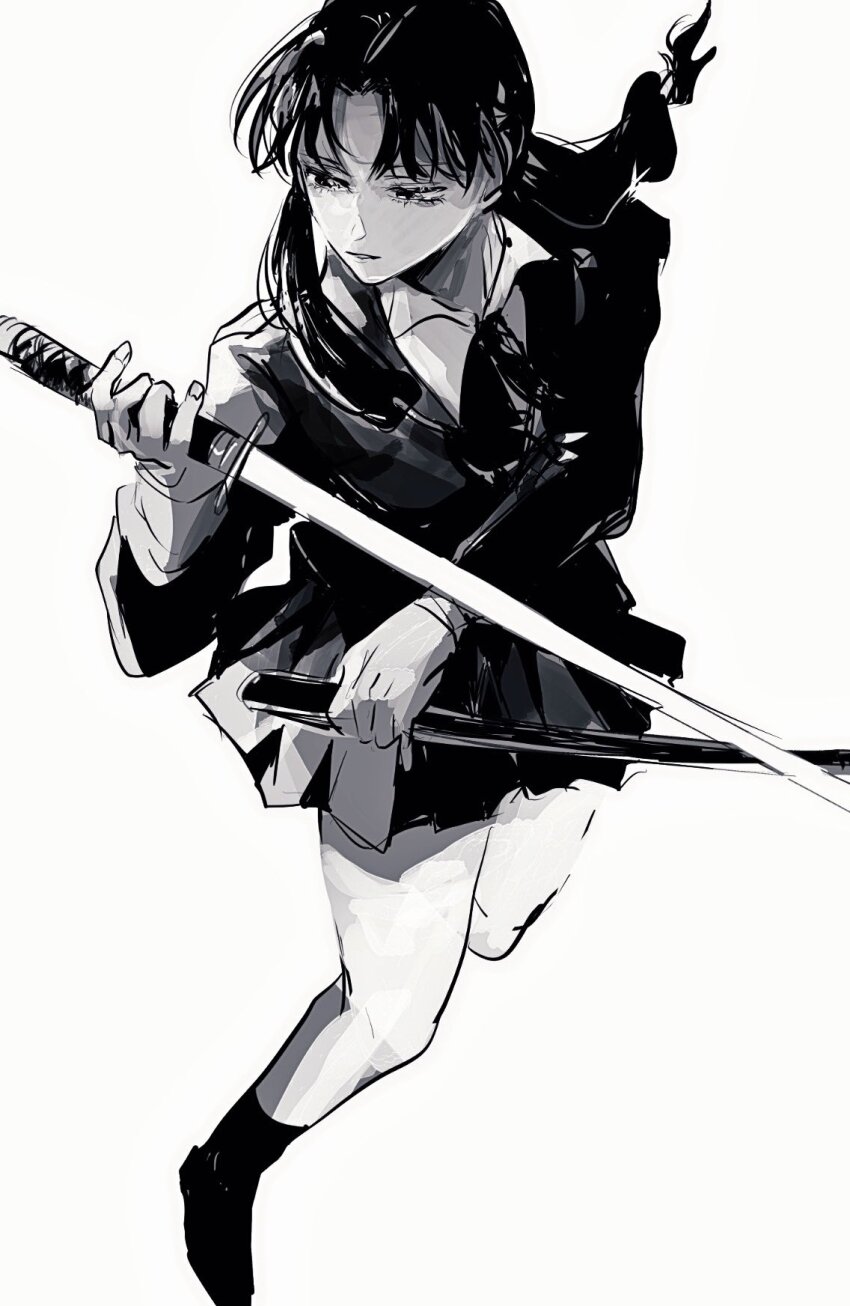 1girl, 21g_yaseru, black_hair, braid, greyscale, highres, holding, holding_sheath