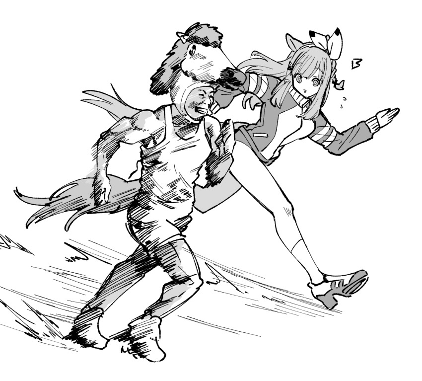 1boy, 1girl, ^^^, almond_eye_(umamusume), animal_ears, bow, braid, buruma