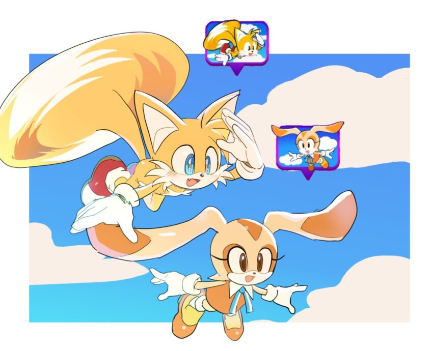 1boy, 1girl, animal_ears, blue_eyes, blue_neckerchief, blue_sky, brown_eyes, cloud