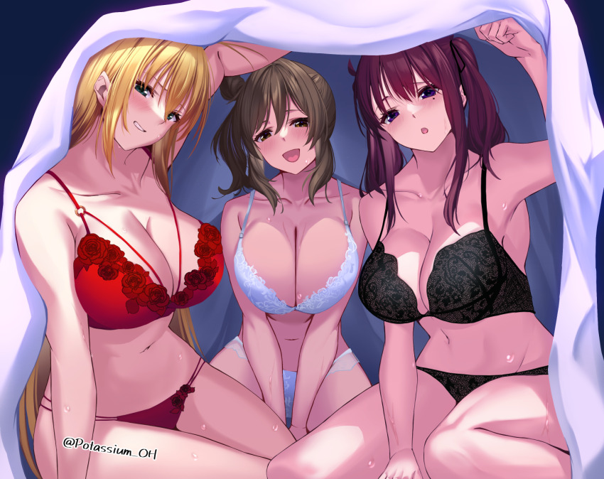 3girls, :d, :o, bare_arms, black_bra, black_panties, blonde_hair, blue_eyes, bra, breasts, brown_eyes, brown_hair, cleavage, collarbone, grin, hair_bun, large_breasts, long_hair, mole, mole_under_eye, multiple_girls, natsuki_karin, navel, open_mouth, panties, potassium_oh, red_bra, red_panties, satou_sasara, sidelocks, signature, smile, sweat, tsurumaki_maki, under_covers, underwear, underwear_only, voiceroid, white_bra, white_panties