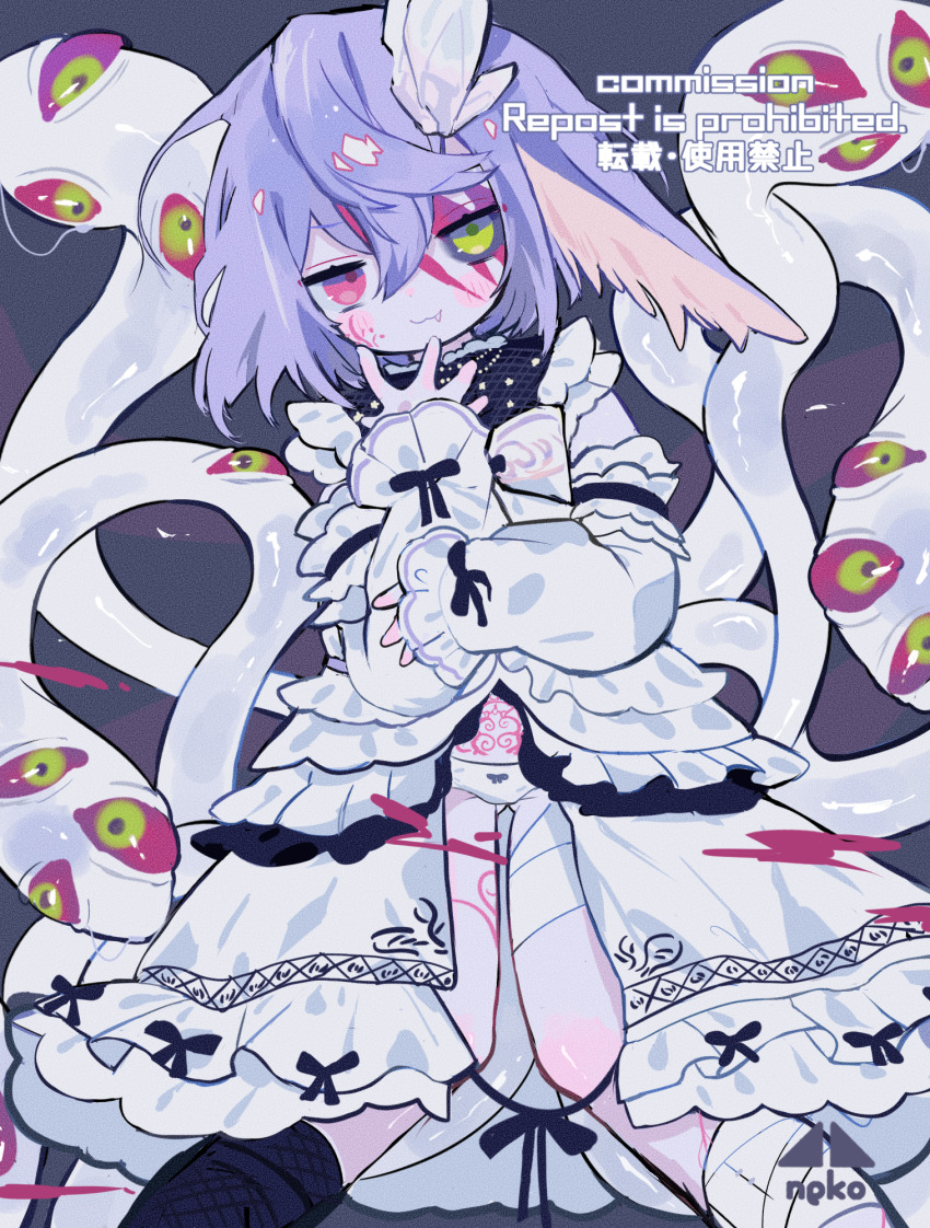 1girl, :3, bandaged_leg, bandages, black_bow, black_sclera, blush_stickers, bow