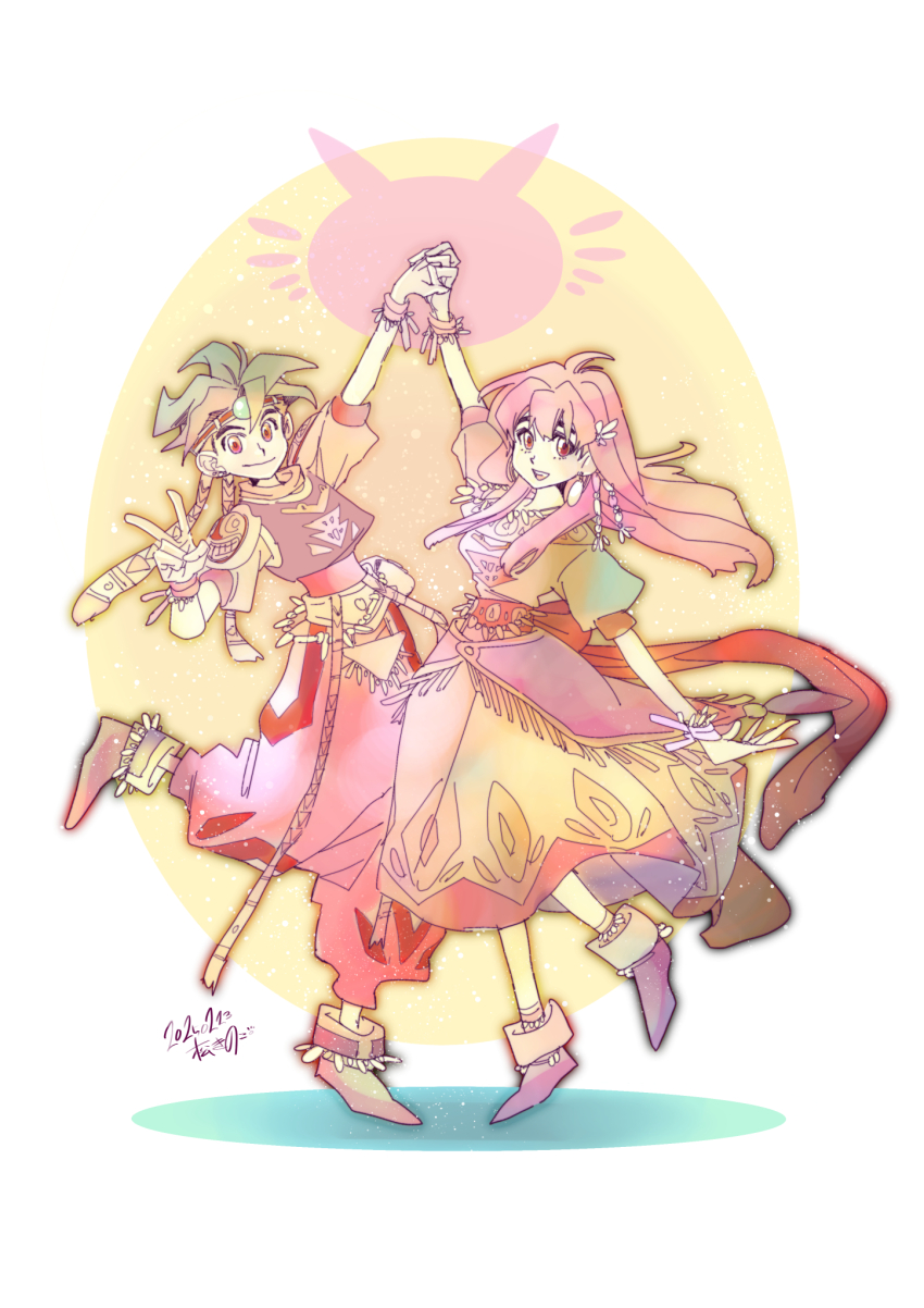 1boy, 1girl, ark_(tenchi_souzou), arm_up, armor, baggy_pants, bracelet, brown_hair