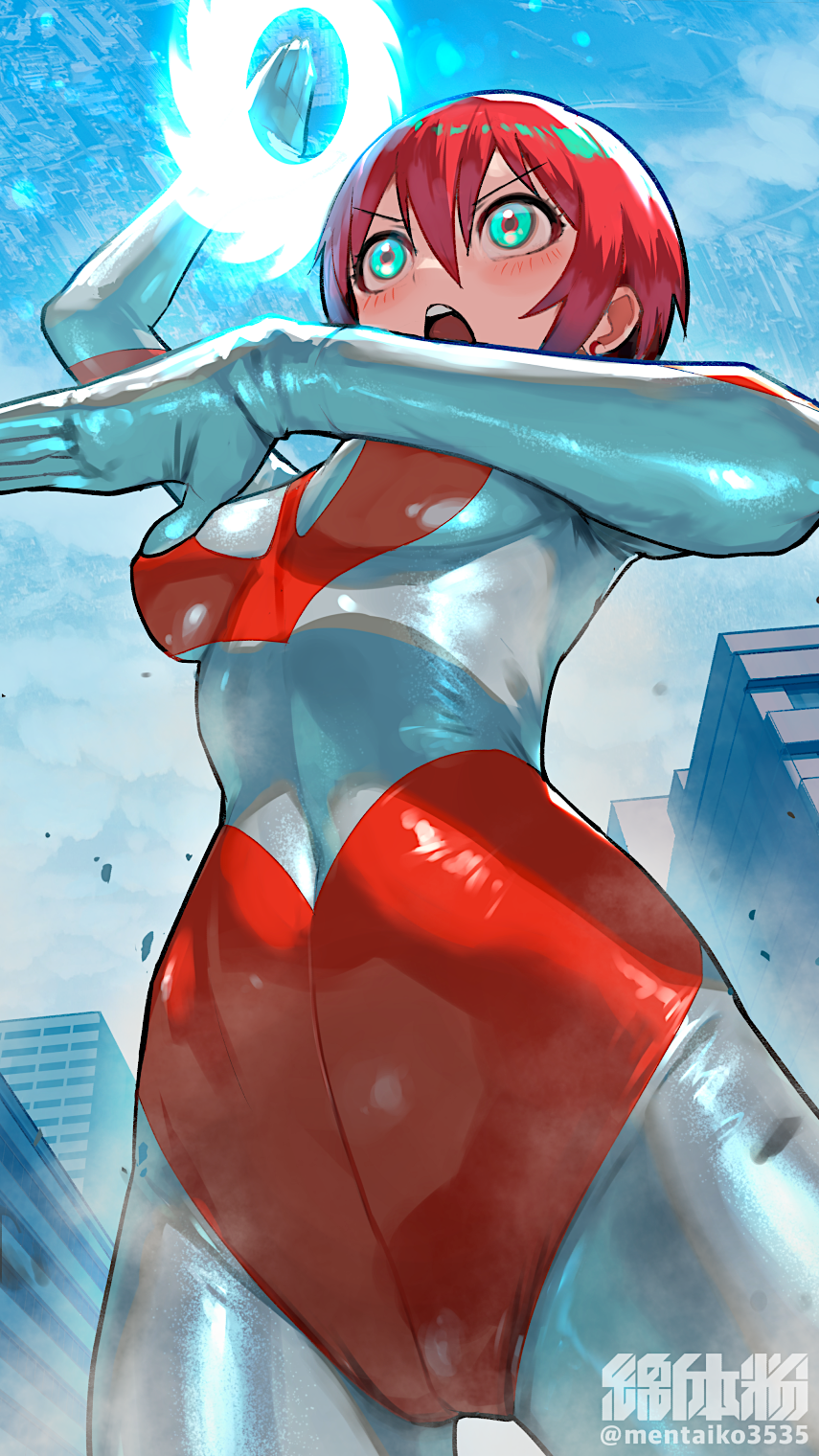 1girl, amate_yuzuriha, aqua_eyes, blue_sky, blush, bodysuit, breasts, cameltoe