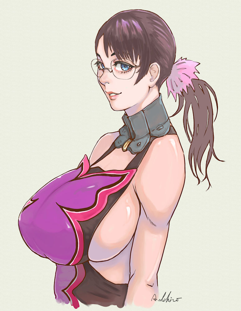 1girl, a_ichiro, artist_name, bare_shoulders, breasts, brown_hair, cattleya_(queen's_blade), commentary_request, cropped_torso, glasses, green_eyes, hair_ornament, large_breasts, long_hair, looking_at_viewer, mature_female, queen's_blade, signature, sleeveless, smile, solo, weapon_merchant_cattleya