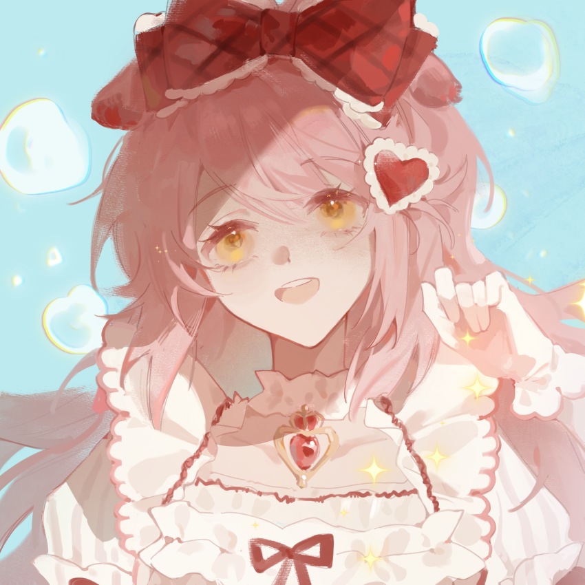 1girl, :d, arknights, bow, chinese_commentary, commentary_request, fang_qing, frilled_bow