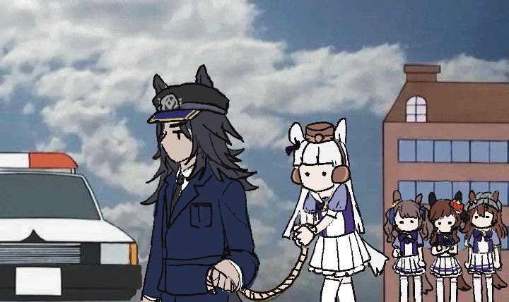 5girls, arrest, black_hair, bound, breasts, brown_hair, building, car, cloud, commentary_request, fenomeno_(umamusume), gentildonna_(umamusume), gold_ship_(umamusume), grey_hair, hair_ornament, horse_girl, kumakichi_gets_arrested_(meme), long_hair, meme, motor_vehicle, multiple_girls, nakayama_festa_(umamusume), police, police_car, police_uniform, school_uniform, sky, tied_up_(nonsexual), tosen_jordan_(umamusume), tracen_school_uniform, umamusume, wddfl2022