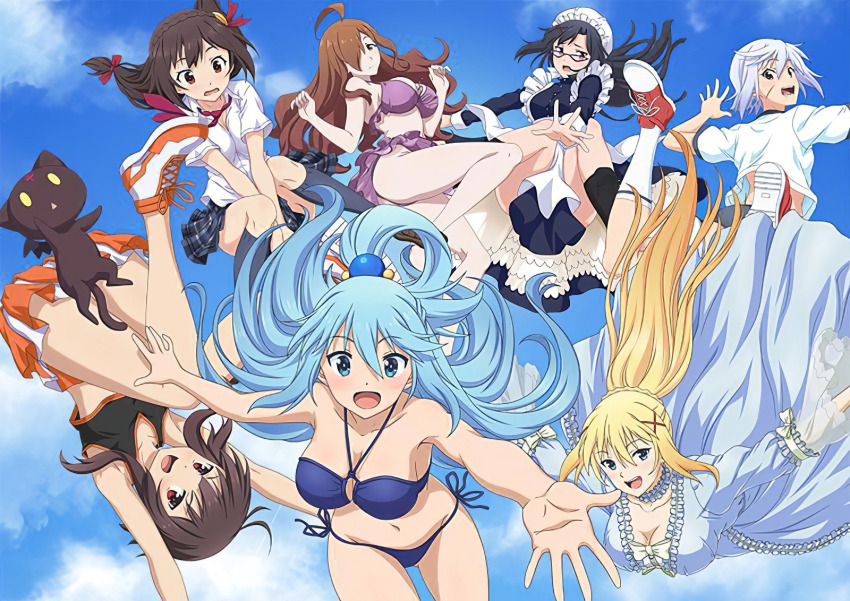 6+girls, ahoge, alternate_costume, aqua_(konosuba), armpits, ass, black_hair, blonde_hair