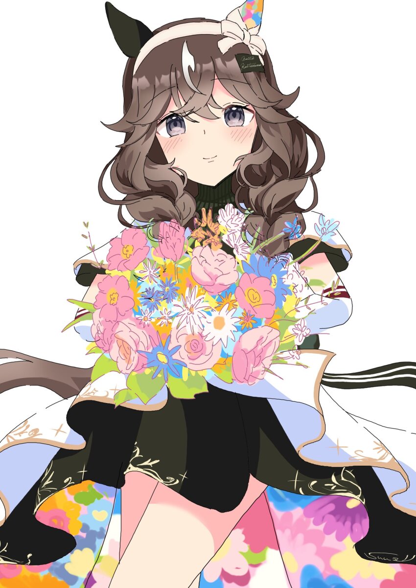 1girl, bouquet, braid, breasts, brown_hair, commentary_request, curren_bouquetd'or_(umamusume), detached_sleeves, dress, flower, hair_between_eyes, hair_ornament, hairband, highres, holding, horse_girl, long_hair, looking_at_viewer, simple_background, small_breasts, smile, solo, suuz_111222, umamusume, white_background