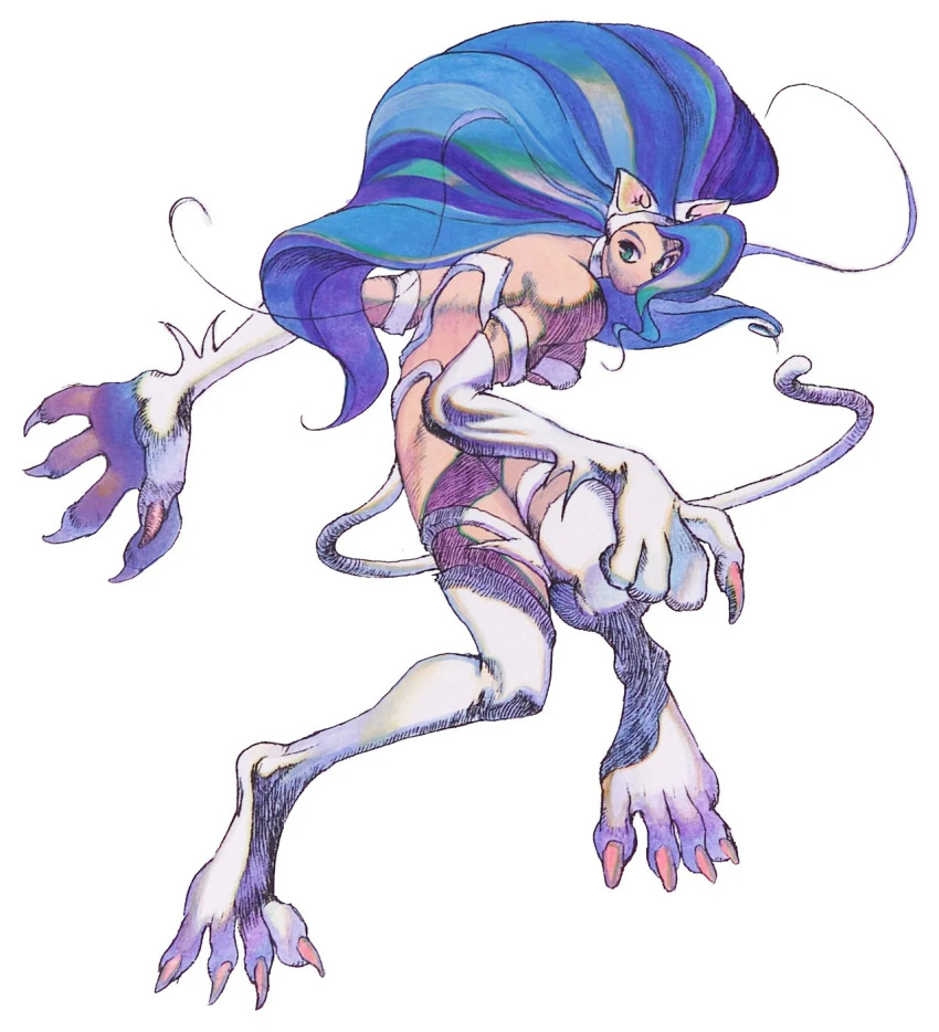 1990s_(style), 1girl, animal_ears, bengus, blue_eyes, blue_hair, cat_ears, cat_girl, cat_tail, claws, darkstalkers, felicia_(darkstalkers), full_body, highres, large_feet, large_hands, long_hair, muscular, muscular_female, non-web_source, official_art, retro_artstyle, simple_background, solo, standing, tail, traditional_media, white_background
