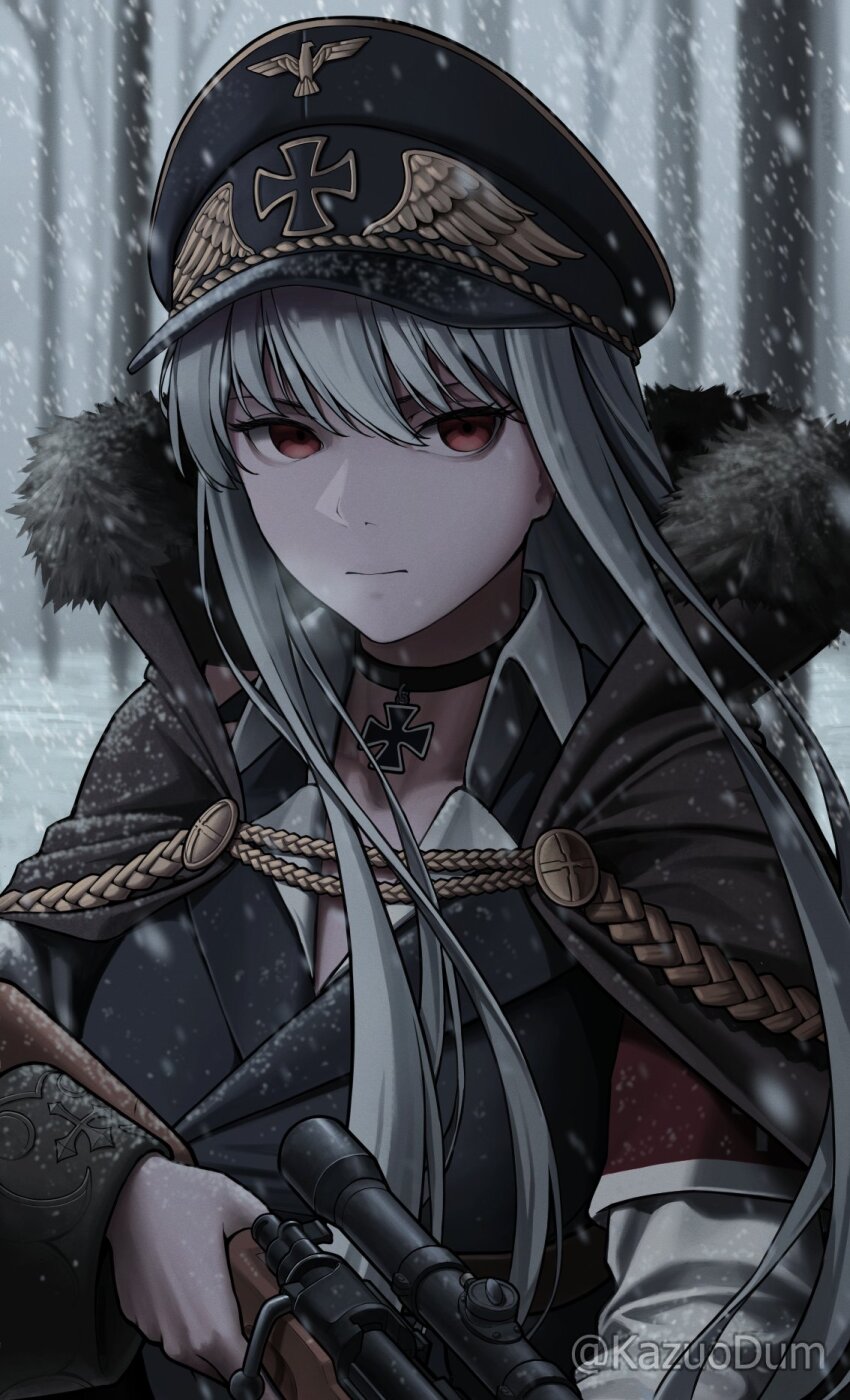 1girl, armband, artist_name, balkenkreuz, black_choker, black_coat, black_jacket, bolt_action