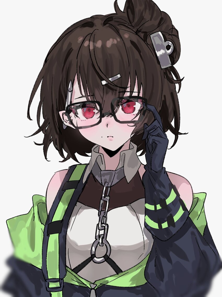 1girl, aogisa, azur_lane, bare_shoulders, black-framed_eyewear, brown_hair, chain, closed_mouth