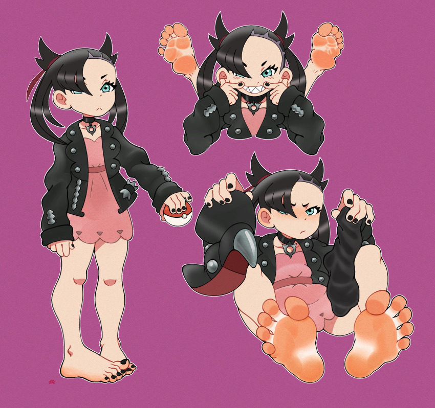 1girl, annoyed, aqua_eyes, arm_at_side, asymmetrical_bangs, barefoot, black_boots, black_hair