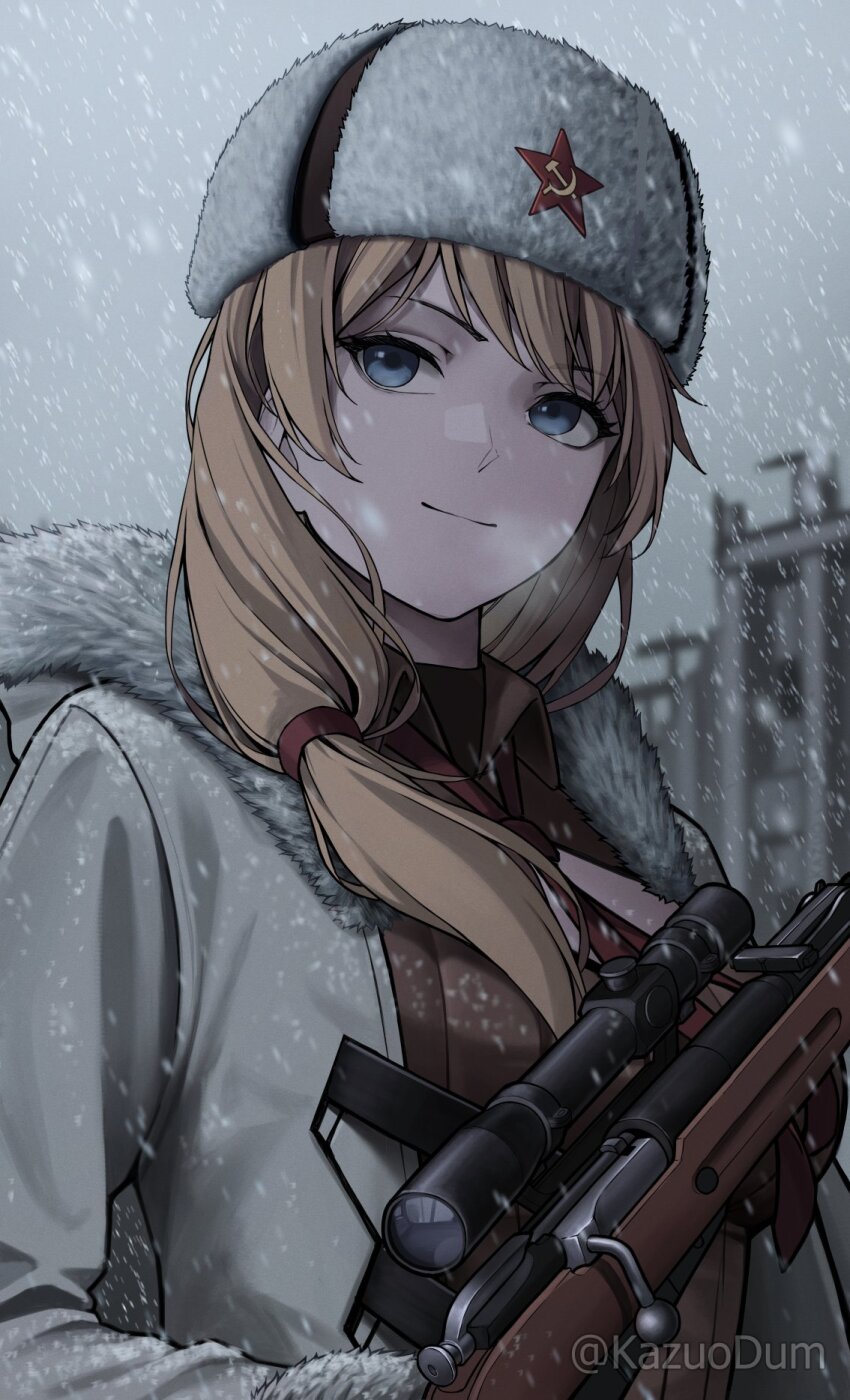 1girl, artist_name, blonde_hair, blue_eyes, bolt_action, coat, girls'_frontline, gun, hair_tie, hammer_and_sickle, hat, highres, holding, holding_gun, holding_weapon, kazuodum, light_smile, long_hair, looking_to_the_side, mosin-nagant, mosin-nagant_(girls'_frontline), open_clothes, red_ribbon, red_star, ribbon, rifle, scope, sidelocks, smile, snow, snowing, star_(symbol), upper_body, ushanka, weapon, white_coat