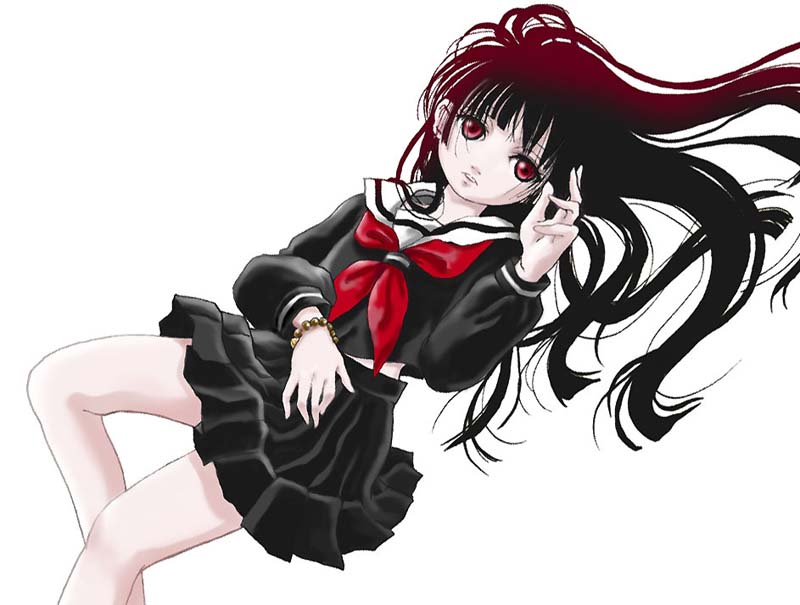 00s, 1girl, enma, female_focus, jigoku_shoujo, long_hair, looking_at_viewer, red_eyes