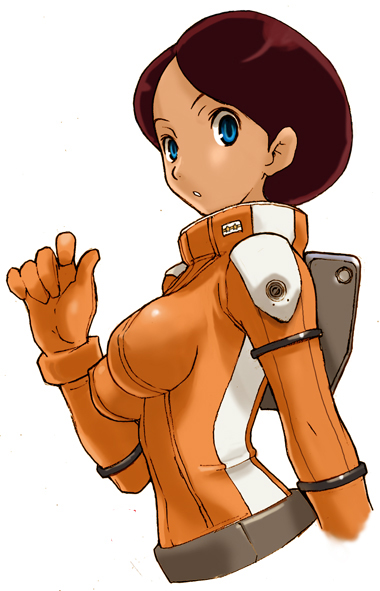 1girl, abe_jun, bad_id, bad_pixiv_id, blue_eyes, bodysuit, breasts, brown_hair