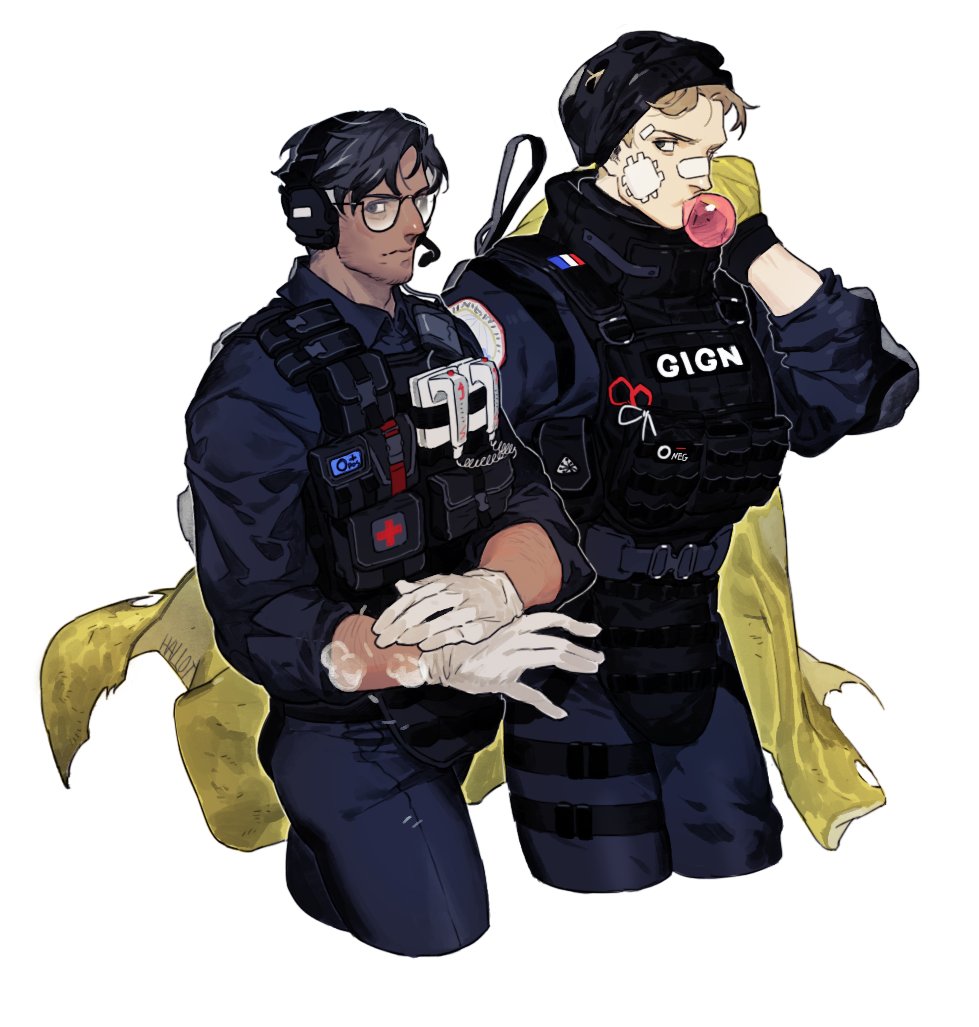 2boys, arm_up, armband, bandaid, bandaid_on_face, beanie, belt, black_hair