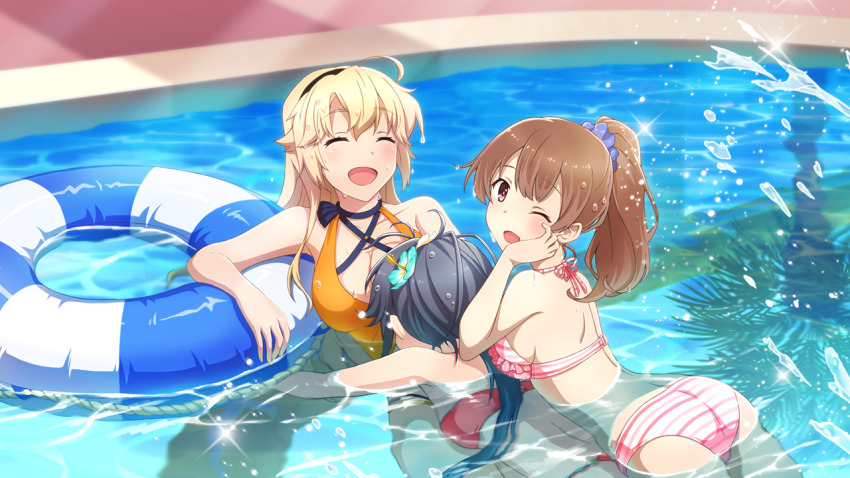 3girls, :d, ahoge, ass, back, bikini, blonde_hair, blush, breasts, brown_hair, cleavage, closed_eyes, collarbone, day, game_cg, hair_ornament, hair_scrunchie, hand_on_own_cheek, hand_on_own_face, innertube, kohagura_ellen, large_breasts, long_hair, looking_at_viewer, medium_breasts, mizushina_kinuka, multiple_girls, non-web_source, one_eye_closed, open_mouth, orange_bikini, outdoors, partially_submerged, pink_bikini, ponytail, pool, red_bikini, scrunchie, sidelocks, smile, splashing, swim_ring, swimsuit, toji_no_miko, toji_no_miko:_kizamishi_issen_no_tomoshibi, very_long_hair, water, wet, yamashiro_yui