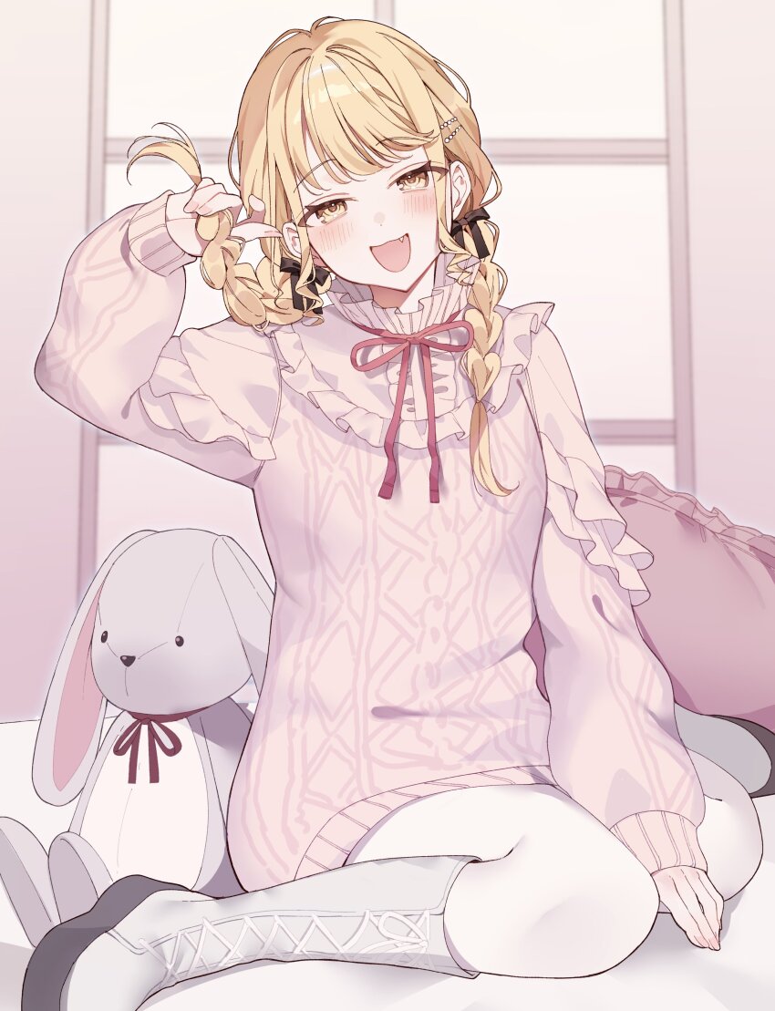 1girl, absurdres, blonde_hair, boots, braid, fang, fujita_kotone, gakuen_idolmaster