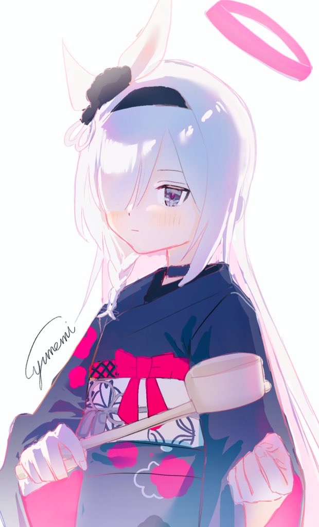 1girl, blue_archive, grey_eyes, hairband, japanese_clothes, kimono, long_hair, multicolored_hair