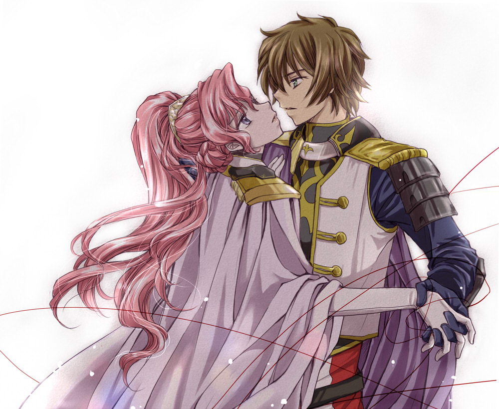 1boy, 1girl, brown_hair, cloak, code_geass, couple, euphemia_li_britannia, gloves, green_eyes, hair_ornament, hetero, holding_hands, kururugi_suzaku, long_hair, military, military_uniform, nightmare_of_nunnally, pesu, pink_hair, ponytail, purple_eyes, short_hair, white_gloves