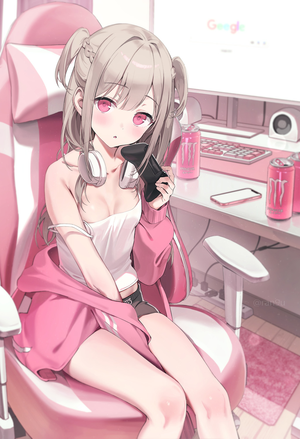 1girl, bare_shoulders, black_shorts, blush, breasts, breasts_apart, brown_hair, camisole, can, chair, commentary, controller, deskmat, drink_can, game_controller, gaming_chair, google, hair_intakes, highres, holding, holding_controller, holding_game_controller, jacket, long_hair, looking_at_viewer, monitor, monster_energy, off_shoulder, on_chair, open_mouth, original, phone, pink_hair, pink_jacket, rangu, short_shorts, shorts, sitting, small_breasts, solo, strap_slip, swivel_chair, two_side_up, white_camisole