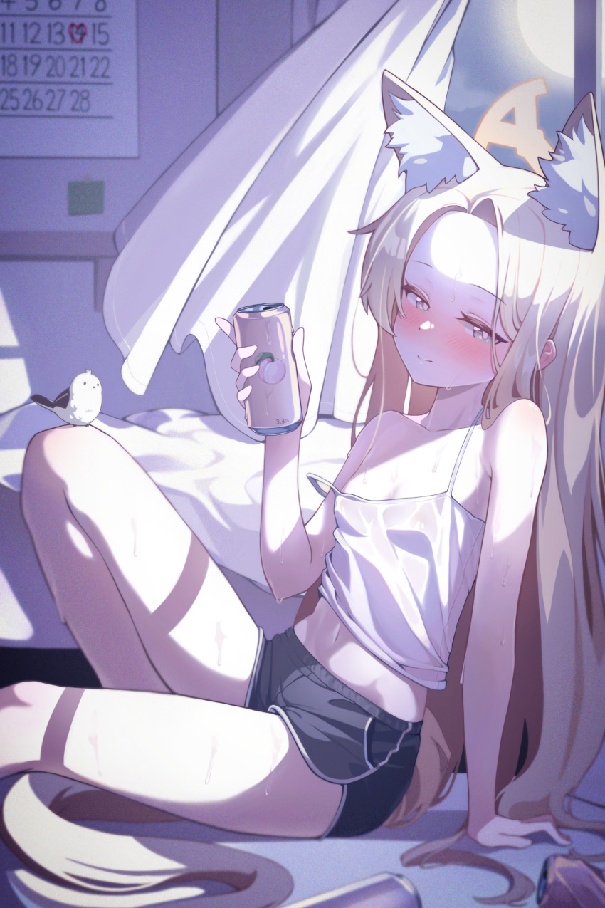 1girl, absurdres, alternate_costume, animal_ear_fluff, animal_ears, bare_shoulders, beer_can, bird, bird_on_knee, black_shorts, blonde_hair, blue_archive, blush, breasts, calendar_(object), camisole, can, casual, commentary, dolphin_shorts, drink_can, drunk, forehead, fox_ears, fox_girl, fox_tail, full_moon, halo, highres, holding, holding_can, huge_filesize, jjilisjjalisjjulis, jjirit_96, korean_commentary, loli, long_hair, looking_at_viewer, midriff, moon, navel, night, on_bed, seia_(blue_archive), shorts, sitting, sky, small_breasts, sweat, tail, thighs, white_bird, white_camisole, window, yellow_halo