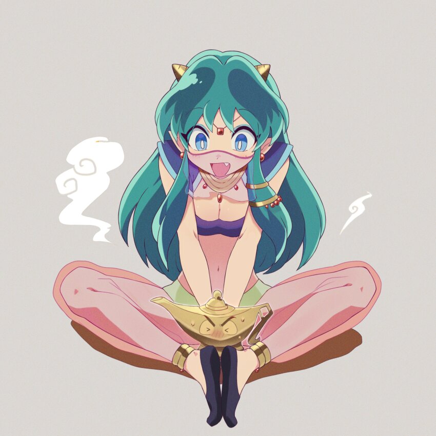 1girl, blue_eyes, cone_horns, earrings, fang, green_hair, grey_background, highres, horns, indian_style, jewelry, lamp, long_hair, lum, moroboshi_ataru, navel, oil_lamp, open_mouth, own_hands_together, pants, pointy_ears, qrhara555, see-through_clothes, see-through_pants, shoulder_pads, sidelocks, simple_background, sitting, soles_together, urusei_yatsura