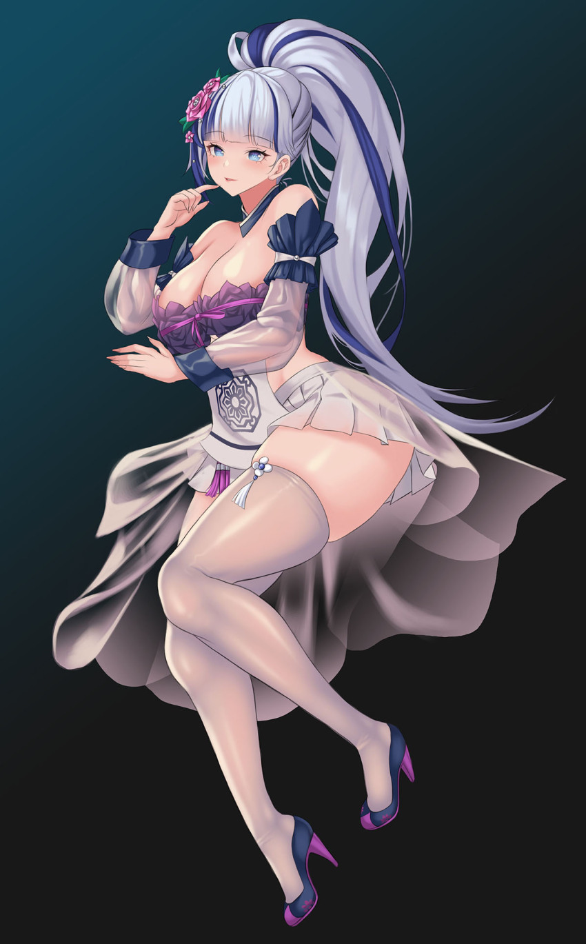 1girl, black_background, black_collar, black_shoes, blue_eyes, blue_hair, breasts, cleavage