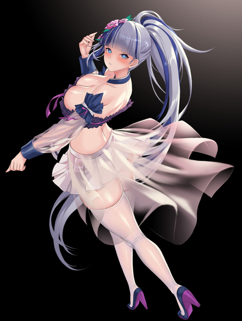 1girl, black_background, black_shoes, blue_eyes, blue_hair, blush, breasts, cleavage