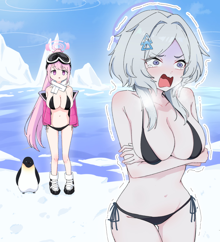 2girls, animal, arms_under_breasts, bikini, bird, black_bikini, blue_archive, blue_sky