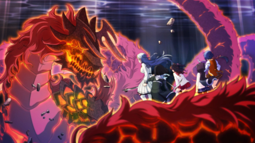 5girls, aradama_(toji_no_miko), asakura_mihono, ayanokouji_martial_arts_school_uniform, battle, dragon, dress, floating_hair