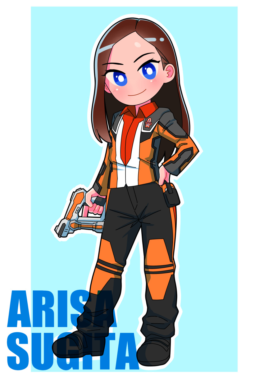 1girl, animification, belt_pouch, black_pants, black_shoes, blue_background, blue_eyes, blush