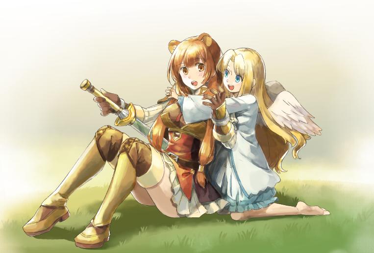 2girls, :d, alternate_hair_color, animal_ears, armor, belt, black_dress, blonde_hair, blue_eyes, blunt_bangs, boots, breastplate, breasts, brown_belt, brown_boots, brown_eyes, brown_gloves, brown_hair, commentary_request, dress, elbow_gloves, feathered_wings, filo_(tate_no_yuusha_no_nariagari), gloves, grass, hair_tubes, high_collar, holding, holding_sword, holding_weapon, hug, kneeling, layered_dress, long_hair, long_sleeves, looking_at_another, medium_breasts, metal_hair_tubes, metal_wrist_cuffs, multiple_girls, obi_chang, on_ground, open_mouth, raccoon_ears, raccoon_girl, raphtalia, red_dress, short_dress, sidelocks, sitting, smile, sword, tate_no_yuusha_no_nariagari, thigh_boots, two-tone_dress, unsheathed, upper_body, weapon, white_dress, white_wings, wings