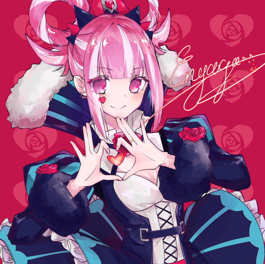 1girl, absurdres, blunt_bangs, breasts, cleavage, closed_mouth, dress, eyes_visible_through_hair, facial_mark, fire_emblem, fire_emblem_engage, hair_rings, heart, heart_facial_mark, heart_hands, highres, hortensia_(fire_emblem), jewelry, juliet_sleeves, long_sleeves, looking_at_viewer, medium_breasts, nintendo, pink_eyes, pink_hair, puffy_sleeves, red_background, ring, smile, solo, user_cmnf3222