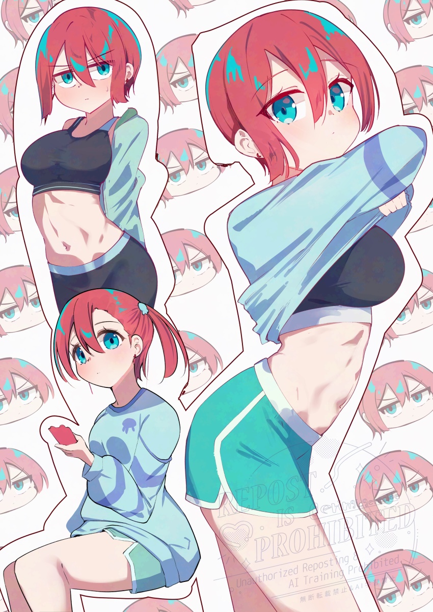 1girl, absurdres, amate_yuzuriha, aqua_eyes, bike_shorts, black_sports_bra, blush, cellphone