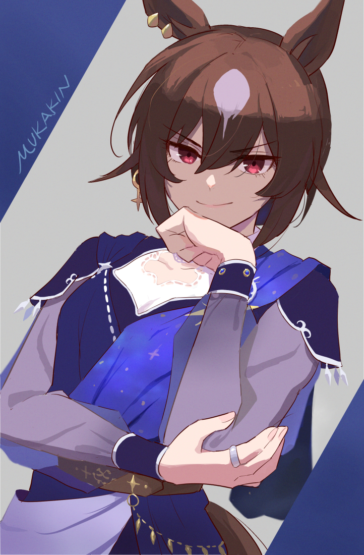 1girl, alternate_costume, animal_ears, artist_name, blue_dress, brown_hair, closed_mouth, commentary_request