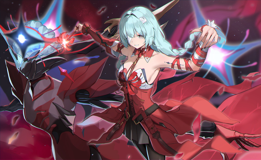 1girl, absurdres, bandage_over_one_eye, bandaged_arm, bandages, bare_shoulders, black_eyes, black_pantyhose