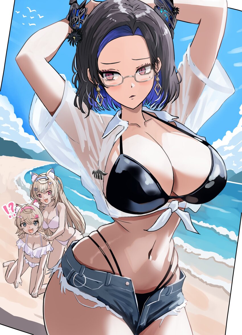 3girls, absurdres, animal_ear_fluff, animal_ears, asymmetrical_horns, bandaid, bandaid_hair_ornament, beach, belt, bikini, black_bikini, black_hair, blonde_hair, blue_eyes, blue_hair, blue_hairband, border, breasts, cleavage, colored_inner_hair, cutoffs, demon_horns, dog_ears, dog_girl, dog_tail, earrings, fake_horns, flower, fuwawa_abyssgard, hair_ornament, hairband, headband, highleg, highleg_bikini, highres, hololive, hololive_english, horn_flower, horn_hairband, horns, jewelry, kurenai_kenta, large_breasts, long_hair, looking_at_viewer, mococo_abyssgard, mole, mole_under_eye, multicolored_hair, multiple_girls, navel, nerissa_ravencroft, nerissa_ravencroft_(casual), official_alternate_hair_length, official_alternate_hairstyle, open_mouth, picture_frame, pink_belt, pink_eyes, pink_hair, pink_hairband, pink_headband, red_eyes, shirt, short_shorts, shorts, siblings, sisters, solo_focus, stomach, streaked_hair, swimsuit, tail, twins, uneven_horns, virtual_youtuber, white_border, white_shirt, x_hair_ornament
