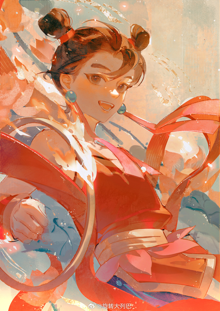 1boy, black_hair, bo_lan_bing, brown_eyes, brown_hair, chinese_clothes, chinese_text, clenched_hand, double_bun, earrings, flower, hagoromo, hair_bun, hanfu, highres, jewelry, looking_at_viewer, male_focus, nezha_chuanqi, open_mouth, red_robe, ribbon, robe, sash, shawl, short_hair, smile, solo, tassel, teeth, thick_eyebrows, upper_body, watermark, weibo, weibo_username, weibo_watermark, white_sash