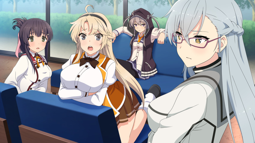 4girls, ahoge, arms_under_breasts, ayanokouji_martial_arts_school_uniform, bad_proportions, black_hairband, black_shoes, blonde_hair